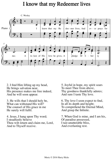 I Know That My Redeemer Lives A New Tune To A Wonderful Wesley Hymn Sheet Music