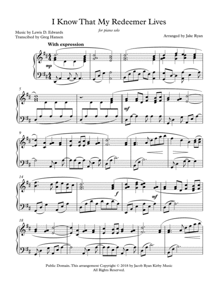 Free Sheet Music I Know That My Redeemer Lives Piano Solo