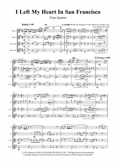 I Left My Heart In San Francisco Tony Bennett Flute Quartet Sheet Music