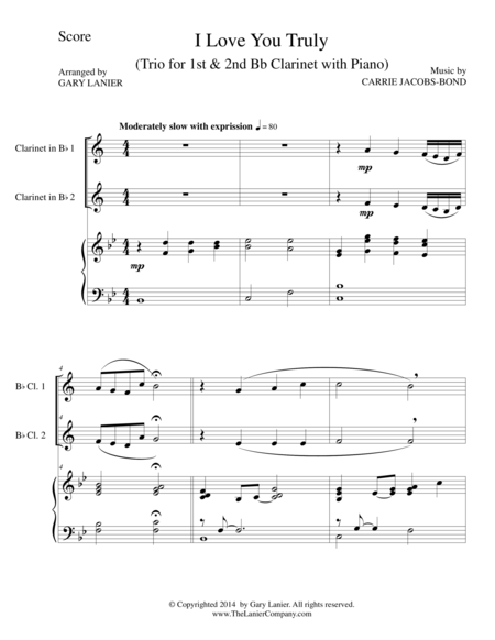 Free Sheet Music I Love You Truly Trio Bb Clarinet 1 Bb Clarinet 2 And Piano With Score And Parts