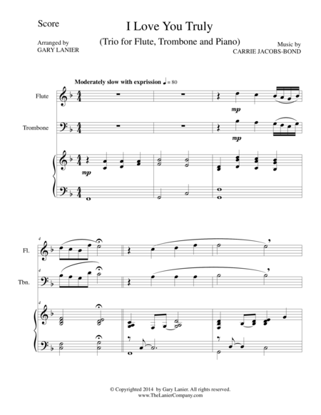 Free Sheet Music I Love You Truly Trio Flute Trombone And Piano With Score And Parts