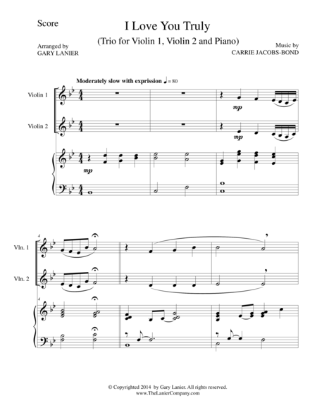 Free Sheet Music I Love You Truly Trio Violin 1 Violin 2 And Piano With Score And Parts