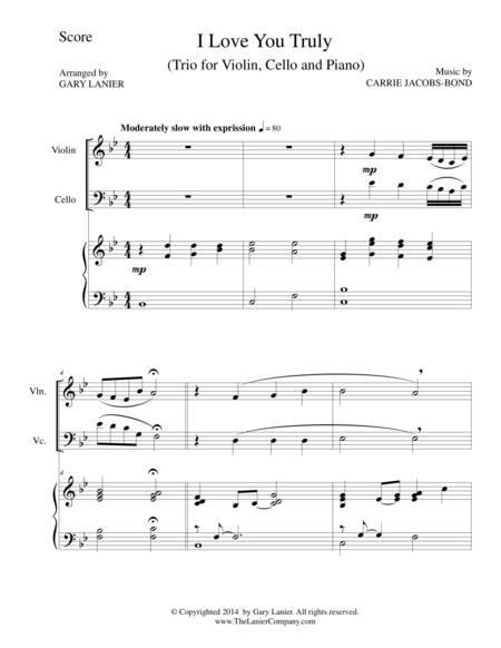 Free Sheet Music I Love You Truly Trio Violin Cello And Piano With Score And Parts