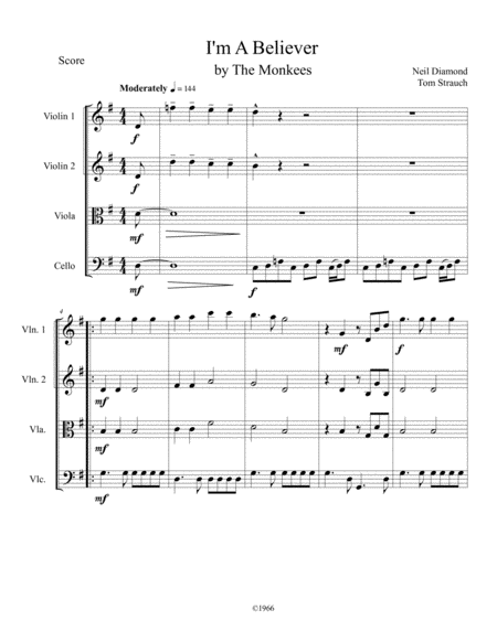 I M A Believer For String Quartet Intermediate Sheet Music