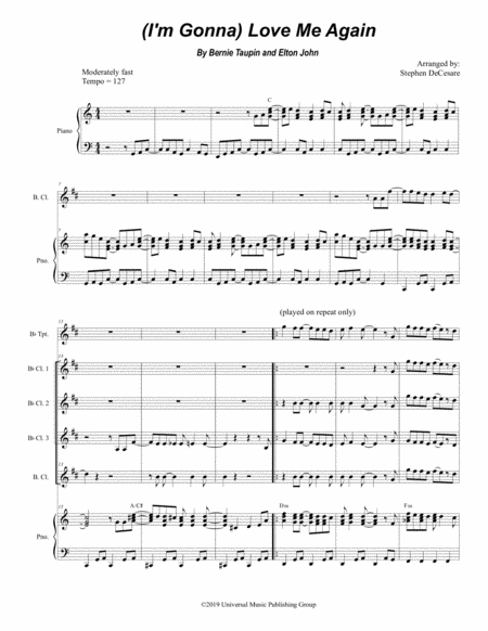 Free Sheet Music I M Gonna Love Me Again For Clarinet Choir And Piano