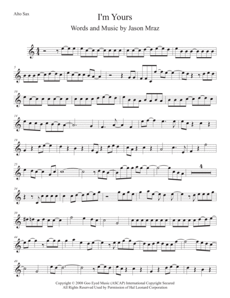 Free Sheet Music I M Yours Alto Sax Easy Key Of C