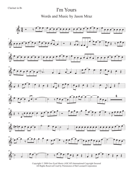 Free Sheet Music I M Yours Clarinet Easy Key Of C