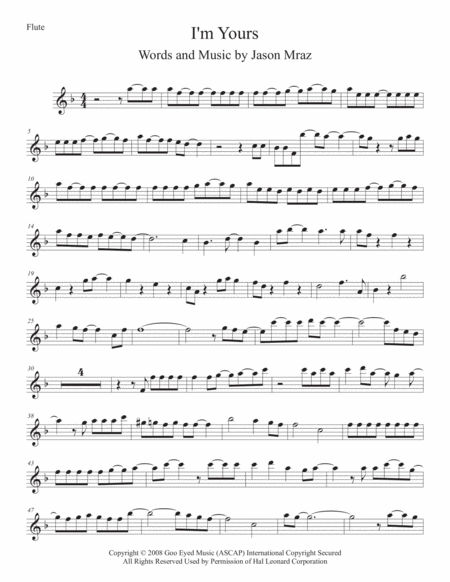 Free Sheet Music I M Yours Flute