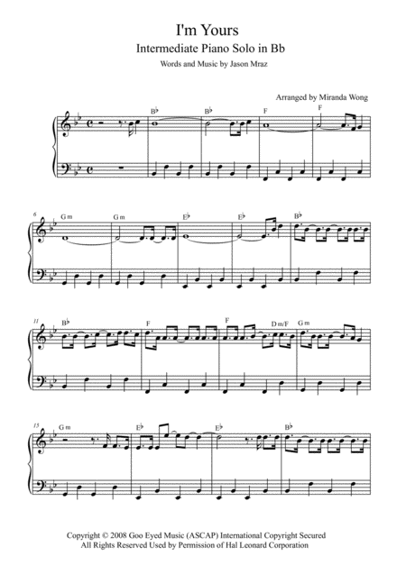 Free Sheet Music I M Yours Intermediate Piano Solo In Bb Key With Chords