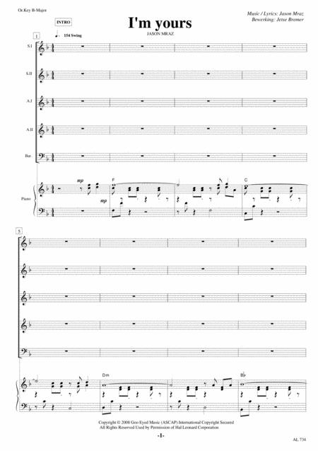 Free Sheet Music I M Yours Ssaabar Piano
