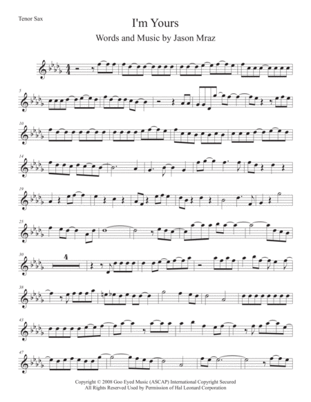 I M Yours Tenor Sax Original Key Sheet Music