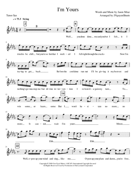 Free Sheet Music I M Yours Tenor Saxophone