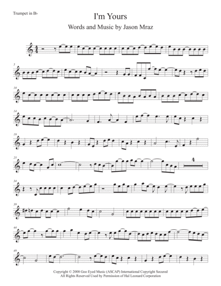 I M Yours Trumpet Easy Key Of C Sheet Music