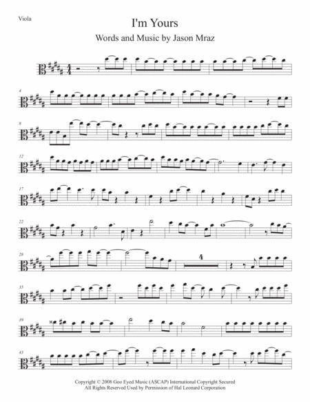 Free Sheet Music I M Yours Viola Original Key