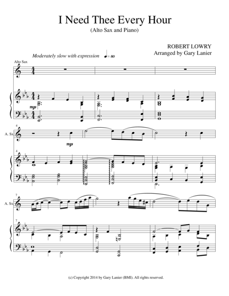 Free Sheet Music I Need Thee Every Hour Alto Sax Solo With Piano And Sax Part