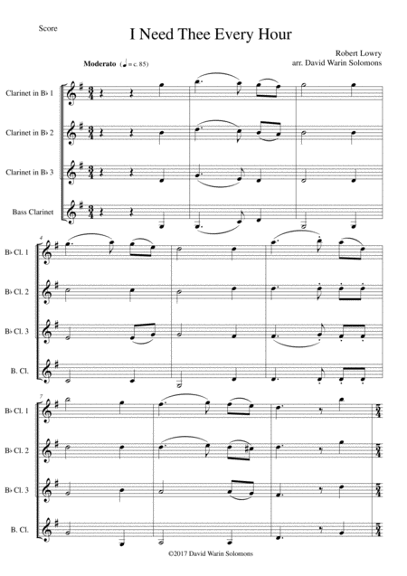 I Need Thee Every Hour For Clarinet Quartet Sheet Music