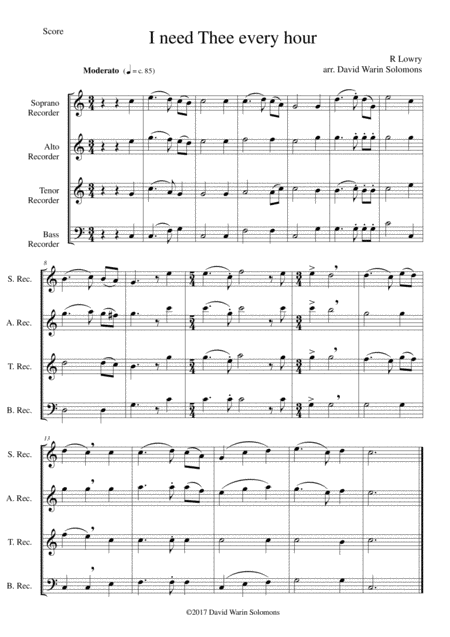 I Need Thee Every Hour For Recorder Quartet Sheet Music