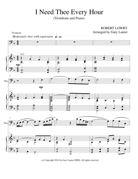 Free Sheet Music I Need Thee Every Hour Trombone Solo With Piano And Trombone Part