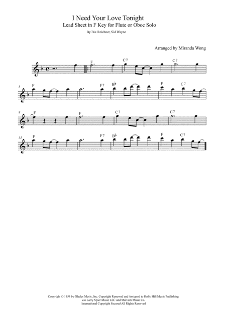 Free Sheet Music I Need Your Love Tonight Flute Or Oboe Solo In F Key With Chords