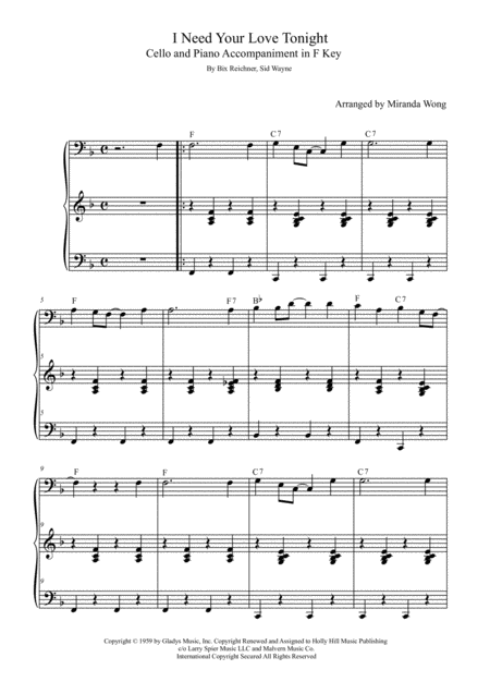 I Need Your Love Tonight Wedding Music For Cello Or Double Bass And Piano Sheet Music