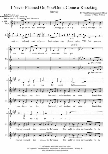 Free Sheet Music I Never Planned On You Dont Come A Knocking Newsies Vocals