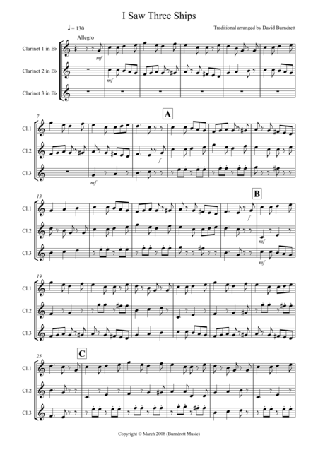 Free Sheet Music I Saw Three Ships For Clarinet Trio