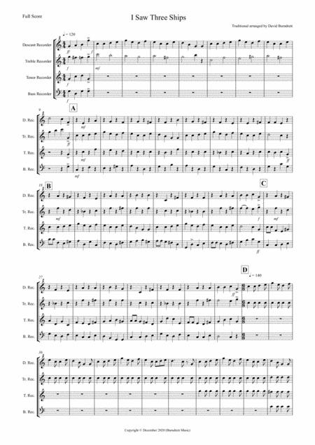 I Saw Three Ships Jazzy Style For Recorder Quartet Sheet Music