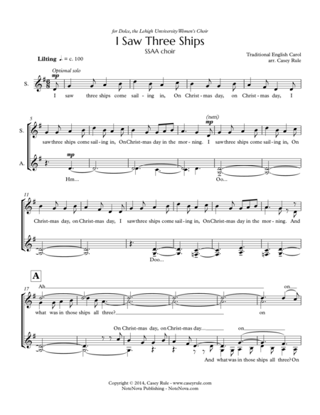 I Saw Three Ships Ssaa Arr Casey Rule Sheet Music