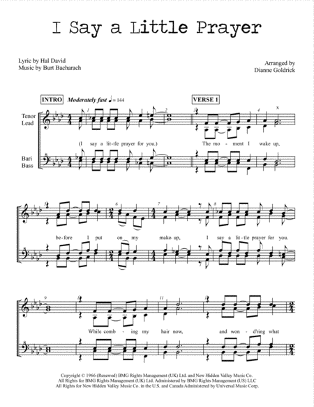 I Say A Little Prayer Womens Barbershop Quartet Pricing Sheet Music