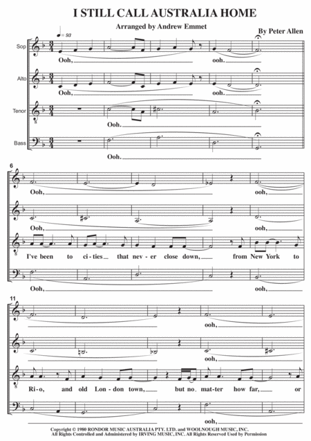 I Still Call Australia Home A Cappella Sheet Music