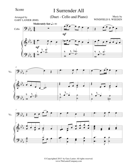 Free Sheet Music I Surrender All Duet Cello And Piano Score And Parts