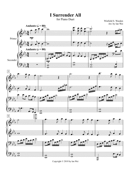 I Surrender All For Piano Duet Sheet Music