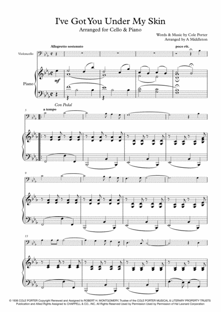 I Ve Got You Under My Skin Arranged For Cello Piano Sheet Music