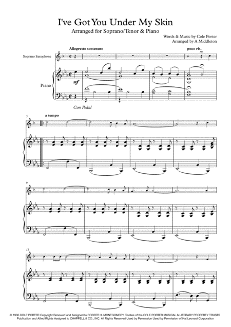 I Ve Got You Under My Skin Arranged For Soprano Saxophone Piano Sheet Music