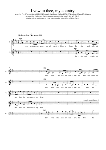 I Vow To Thee My Country 8 Part Choral Arrangement Sheet Music