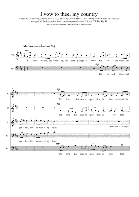 Free Sheet Music I Vow To Thee My Country 9 Part Choral Arrangement