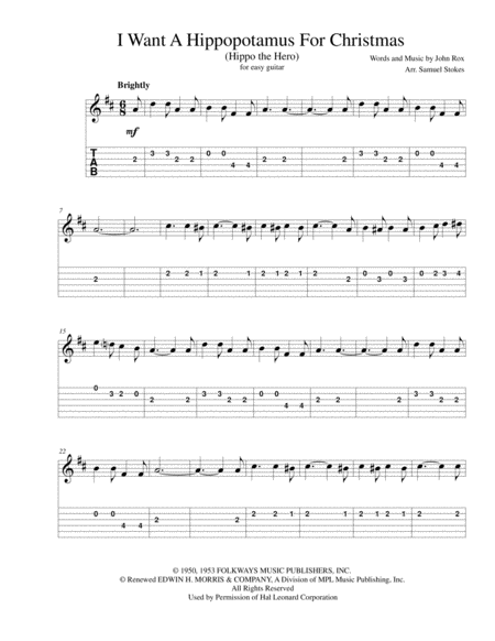 I Want A Hippopotamus For Christmas Hippo The Hero For Easy Guitar With Tab Sheet Music