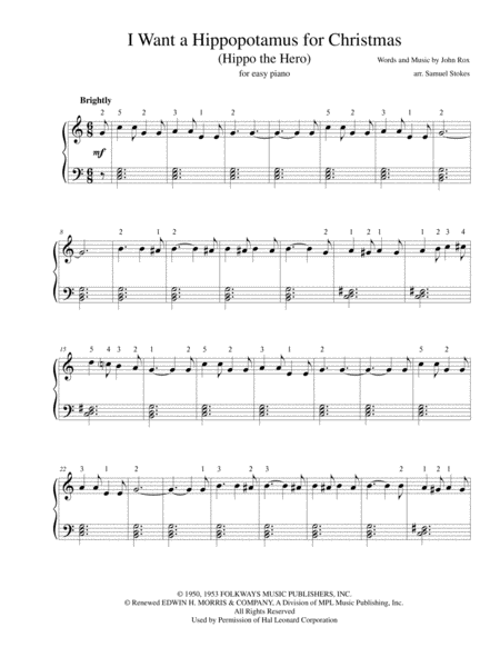 I Want A Hippopotamus For Christmas Hippo The Hero For Easy Piano Sheet Music