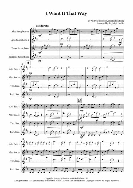 I Want It That Way By The Backstreet Boys Saxophone Quartet Aatb Sheet Music