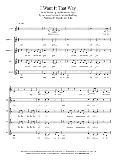 I Want It That Way Ssaa A Cappella Sheet Music