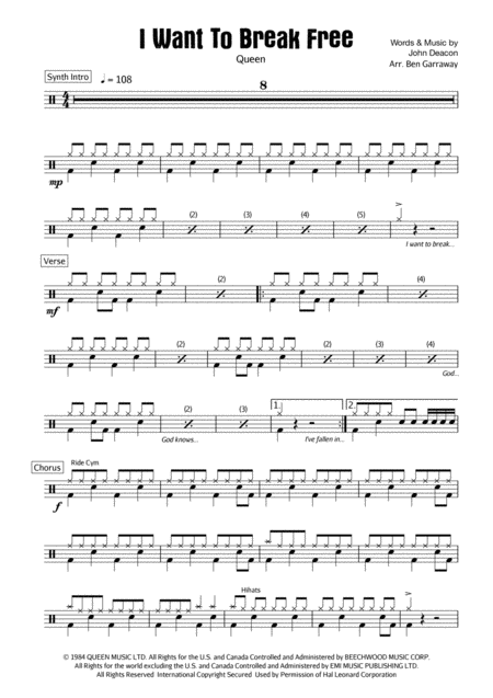 I Want To Break Free Drum Score Beginner Sheet Music