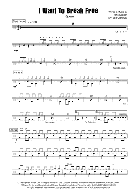 I Want To Break Free Drum Score Grade 1 Sheet Music