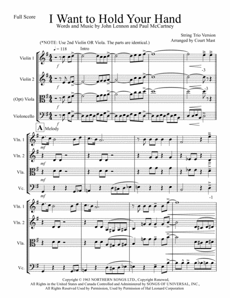 I Want To Hold Your Hand For String Trio Sheet Music