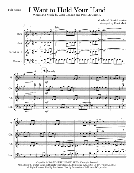 I Want To Hold Your Hand For Woodwind Quartet Sheet Music