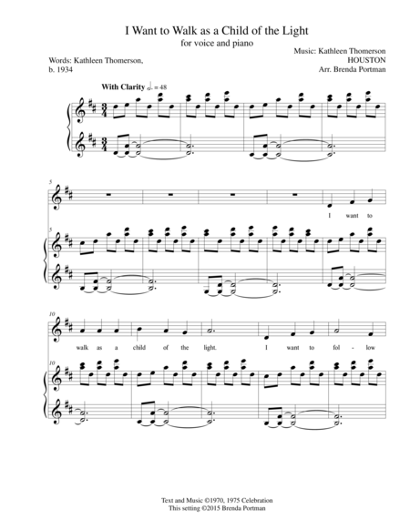 Free Sheet Music I Want To Walk As A Child Of The Light Houston High Voice Arr Brenda Portman