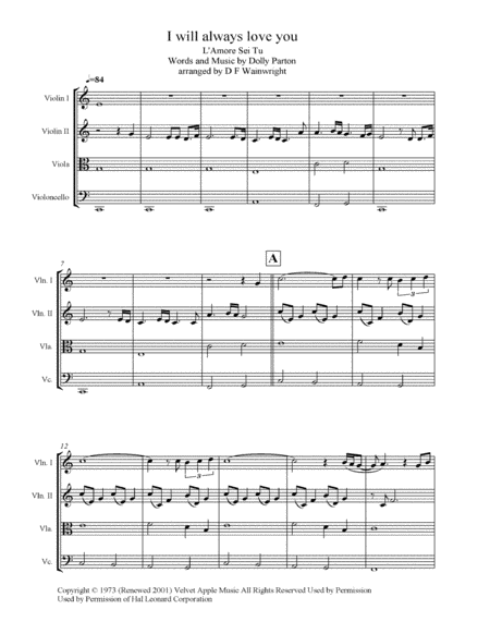 Free Sheet Music I Will Always Love You Arranged For String Quartet Score And Parts With Mp3