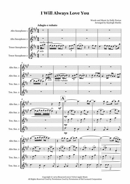 I Will Always Love You By Whitney Houston Saxophone Quartet Aatt Sheet Music