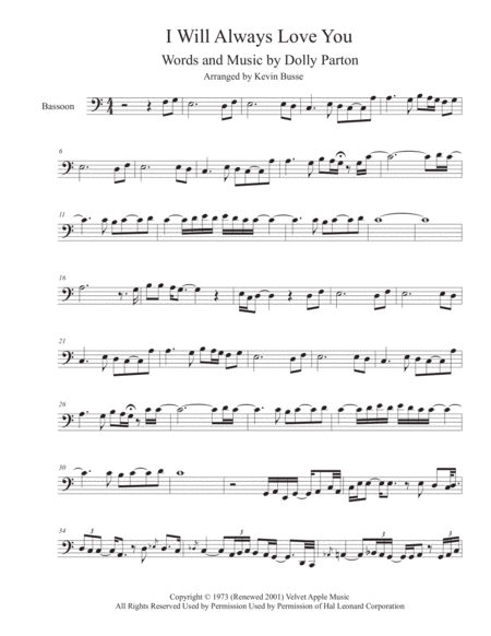 Free Sheet Music I Will Always Love You Easy Key Of C Bassoon