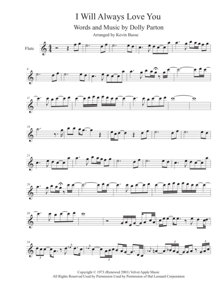 I Will Always Love You Easy Key Of C Flute Sheet Music