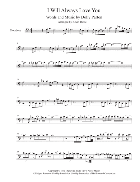 I Will Always Love You Easy Key Of C Trombone Sheet Music